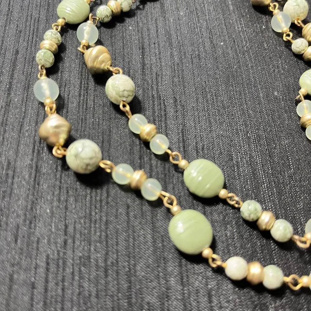 Vintage Green and Gold Bead Necklace 32 inches